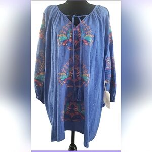 Boho Chic 2X Pullover Blue Festival Floral Embroidered Tunic Top